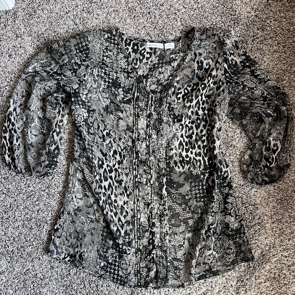 Liz Claiborne Black & Gray Mixed Animal Print Peasant Blouse